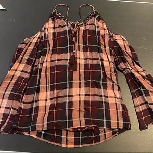 Jessica Simpson off the shoulder plaid top S